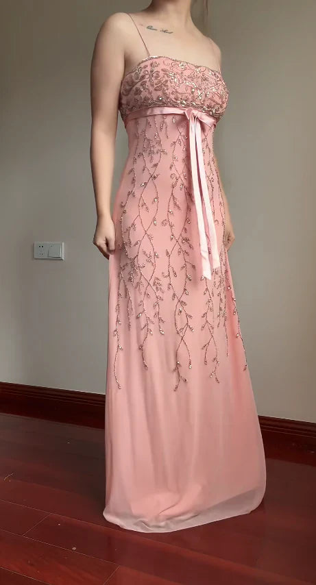 Elegant Pink Slim-Fit Spaghetti Strap Beaded Embroidery Leaf Bow Chiffon Long Prom Dress Evening Dress