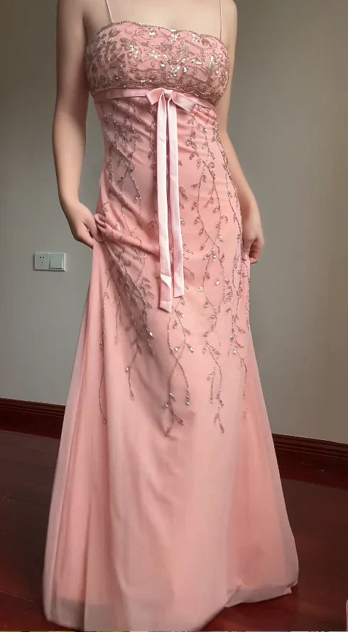 Elegant Pink Slim-Fit Spaghetti Strap Beaded Embroidery Leaf Bow Chiffon Long Prom Dress Evening Dress