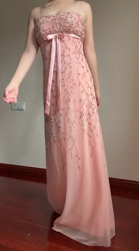 Elegant Pink Slim-Fit Spaghetti Strap Beaded Embroidery Leaf Bow Chiffon Long Prom Dress Evening Dress