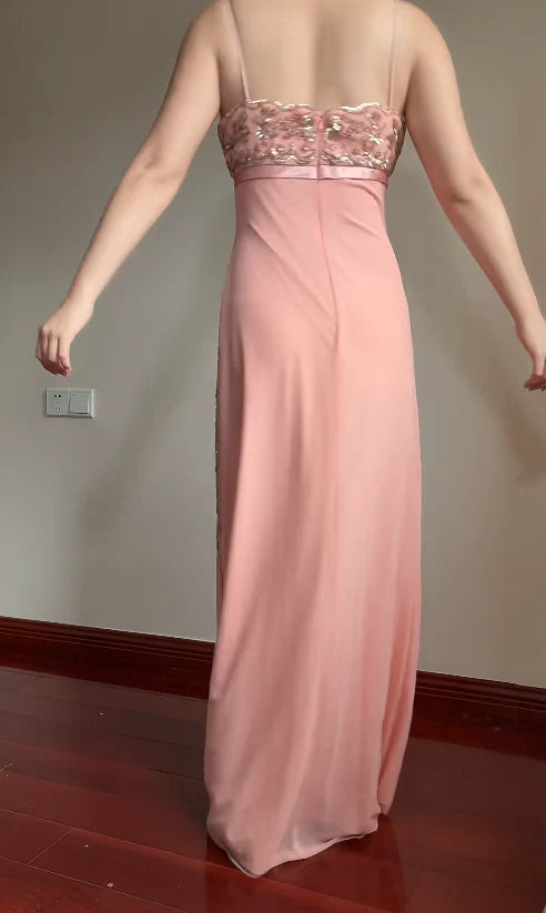 Elegant Pink Slim-Fit Spaghetti Strap Beaded Embroidery Leaf Bow Chiffon Long Prom Dress Evening Dress