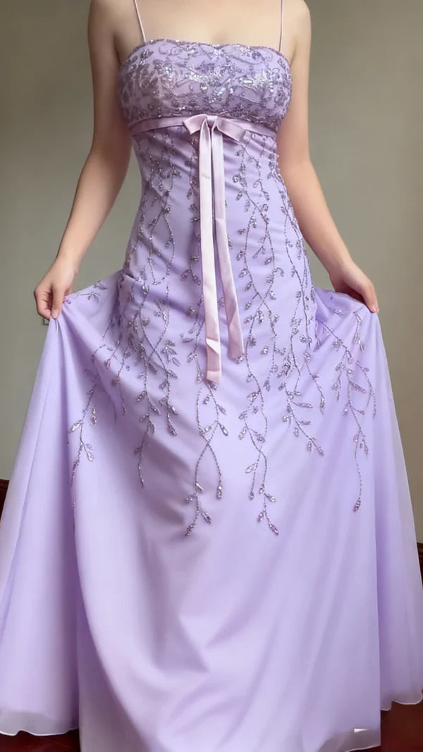 Elegant Pink Slim-Fit Spaghetti Strap Beaded Embroidery Leaf Bow Chiffon Long Prom Dress Evening Dress