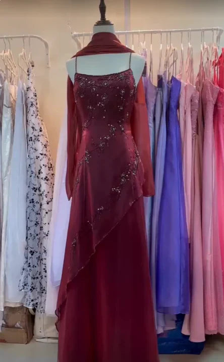 Vintage Burgundy Slim-Fit Camisole Beaded Embroidery Floral Branch Satin Long Prom Dress Evening Dress