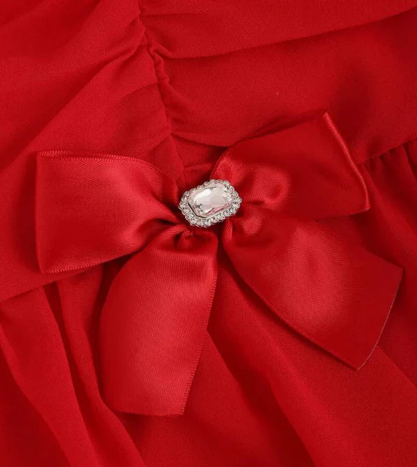 Sweet Red Square Neck Bow Pleated Chiffon 17th Birthday Homecoming Dress