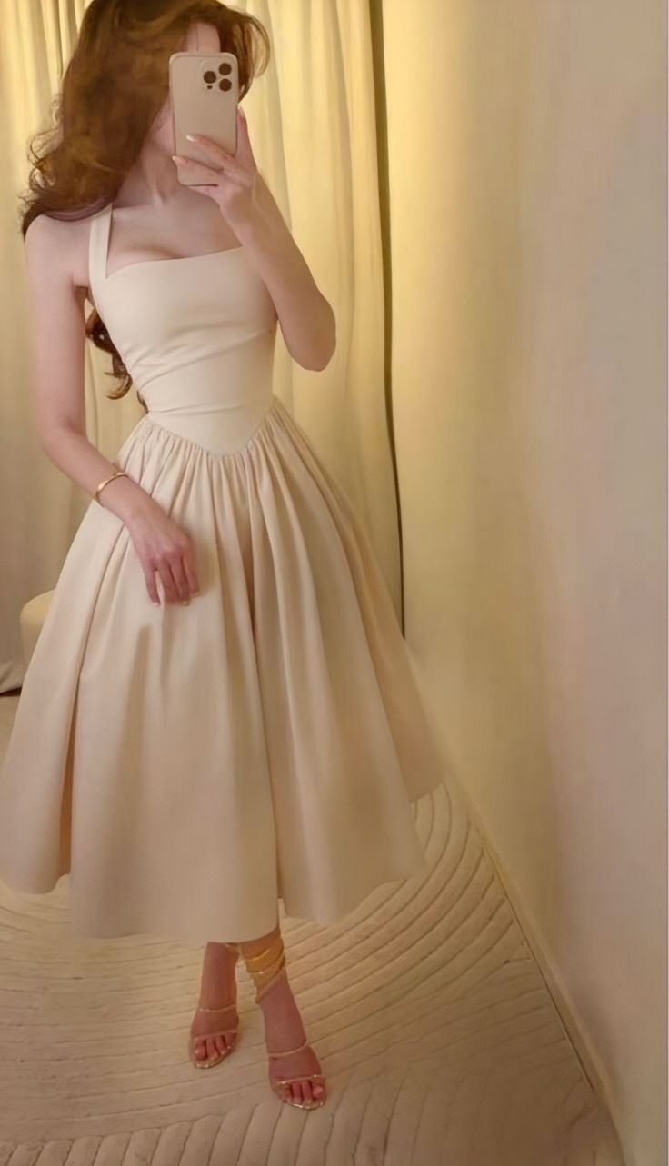 Elegant Creamy Apricot A-Line Halter Neck Satin Prom Dress Evening Dress