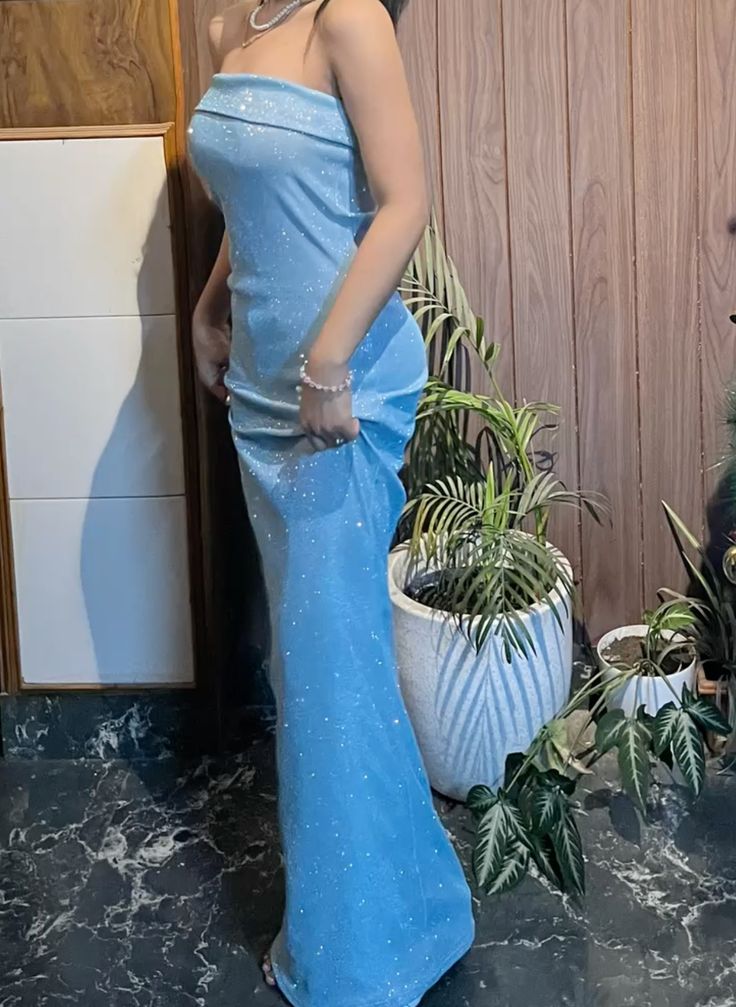 Elegant Light Blue Mermaid Strapless Starry Tulle Long Prom Dress Evening Dress