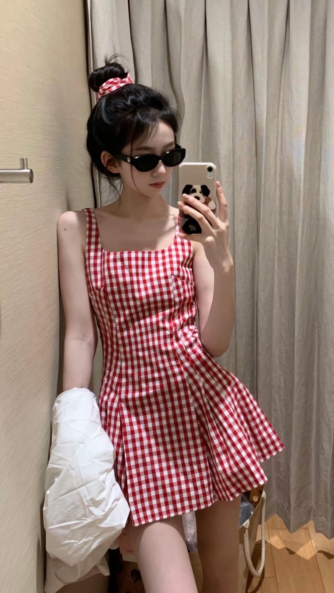 Sweet Retro Red And White Plaid Square Neck Pleated A-line 17th Birthday Homecoming Dress