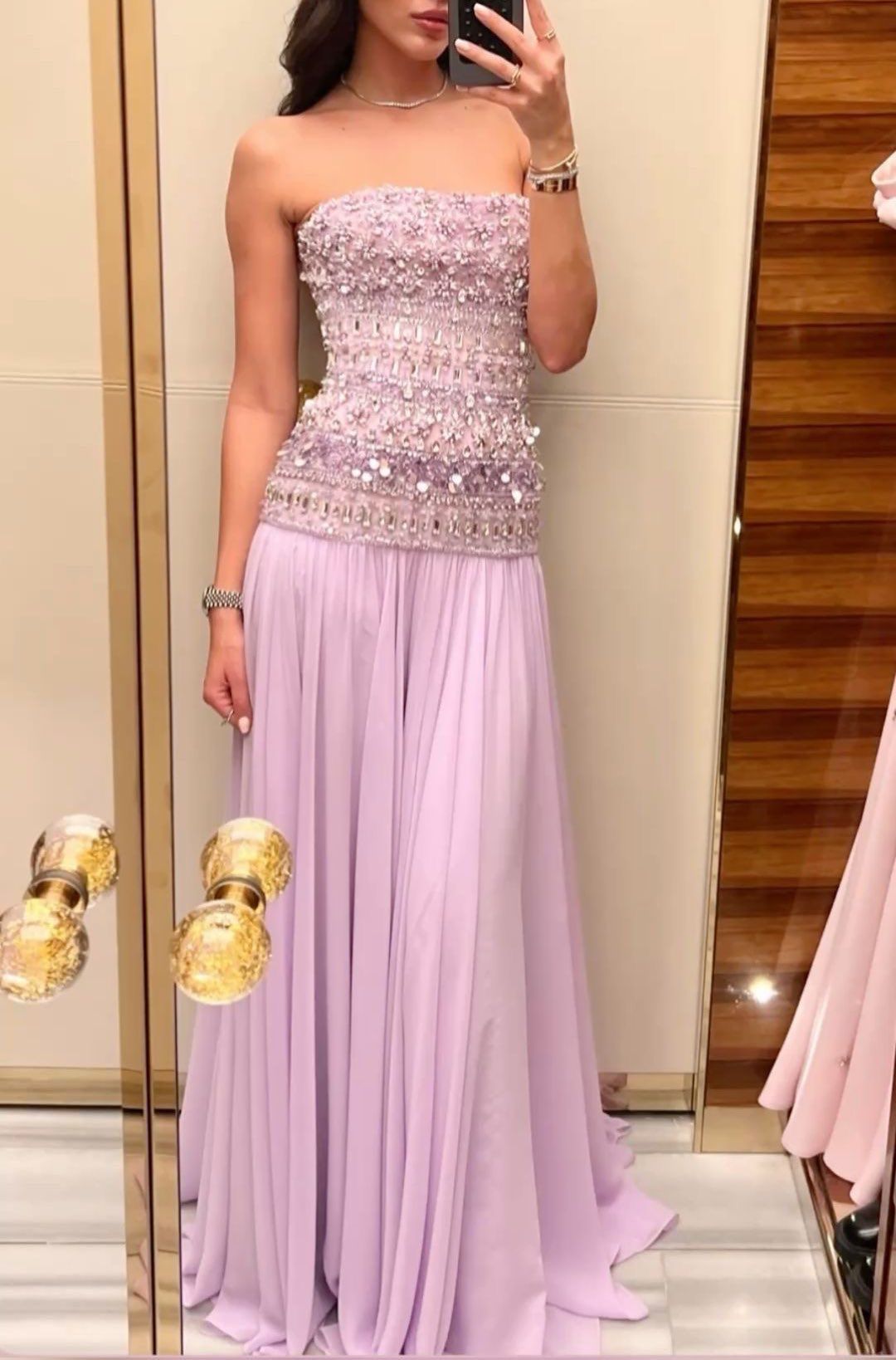 Gorgeous Lavender A-Line Strapless Beaded Chiffon Long Prom Dress Evening Dress