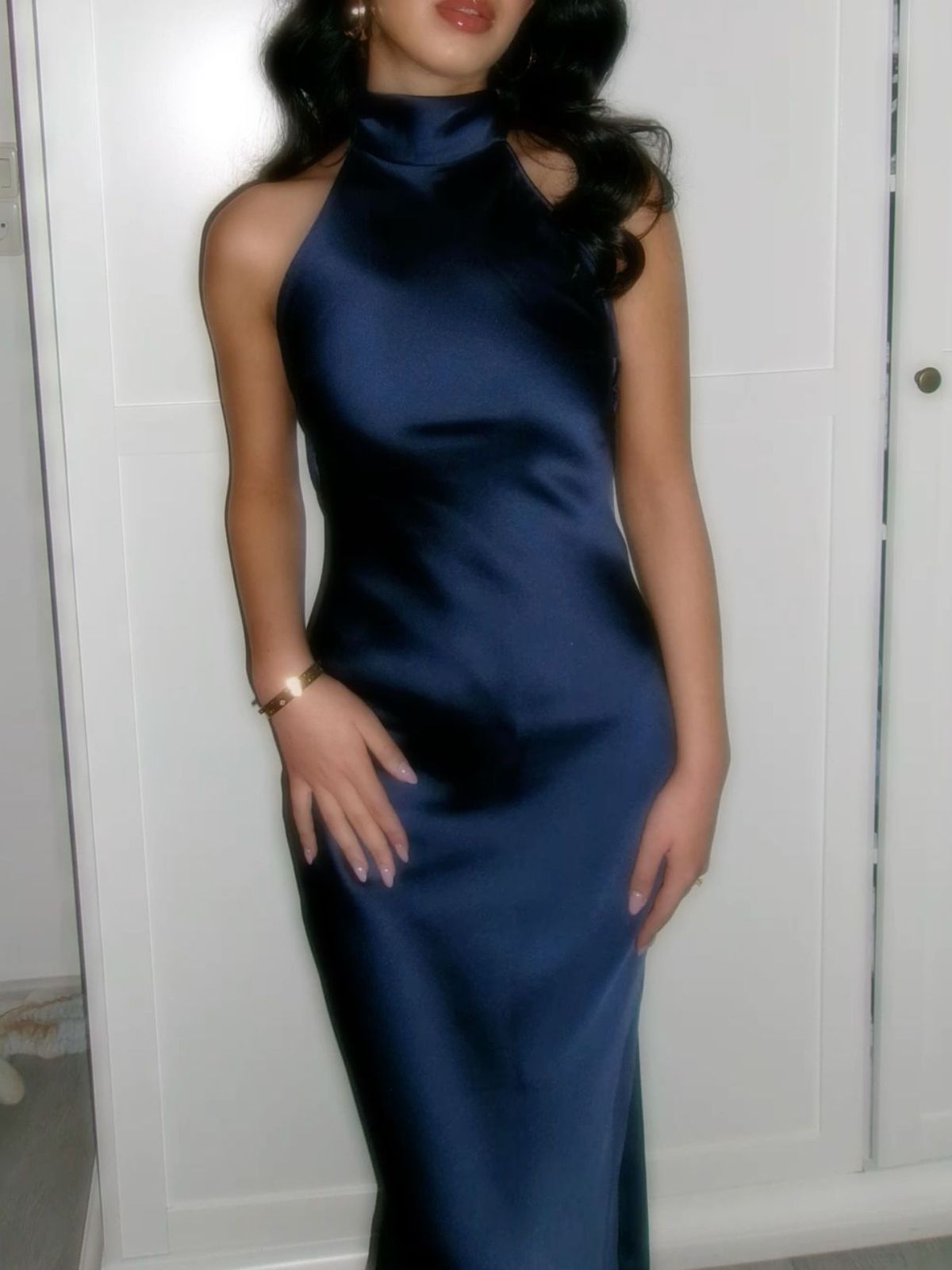 Sexy Navy Blue Slim-Fit Halter Backless Satin Long Prom Dress Evening Dress