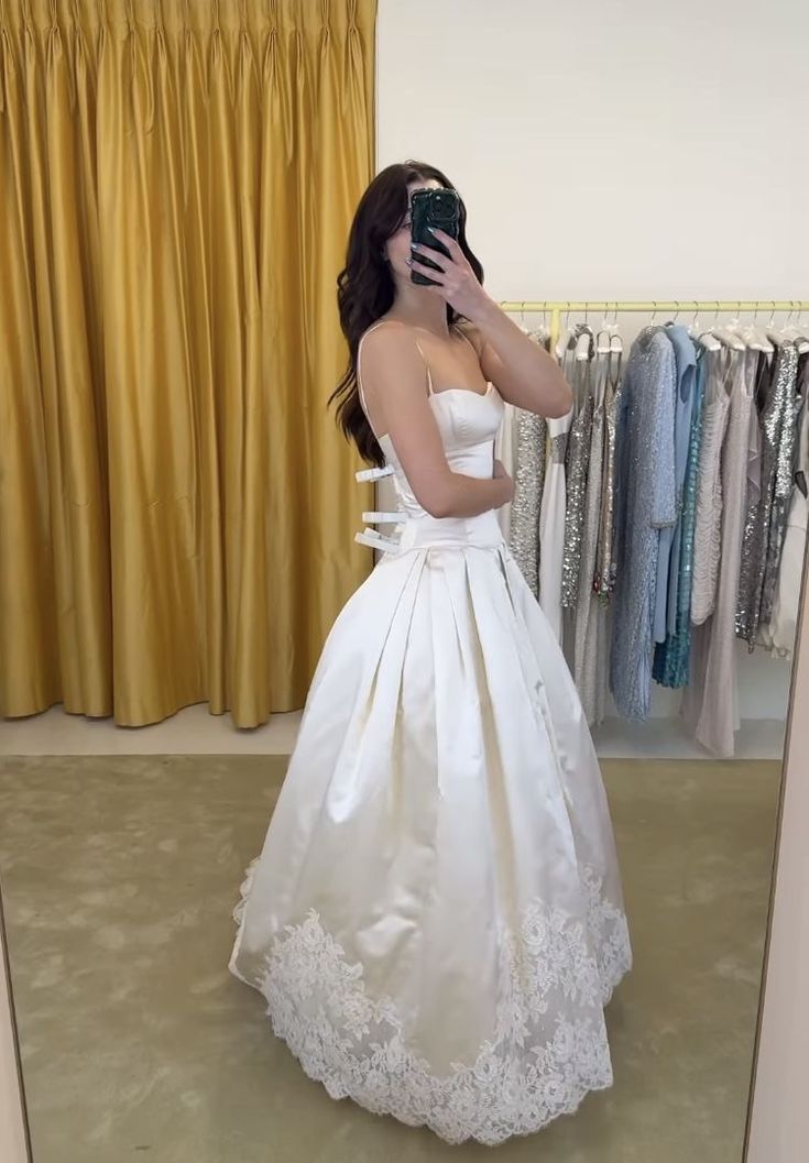 Elegant Ivory A-Line Spaghetti Strap Lace Hem Satin Wedding Dress