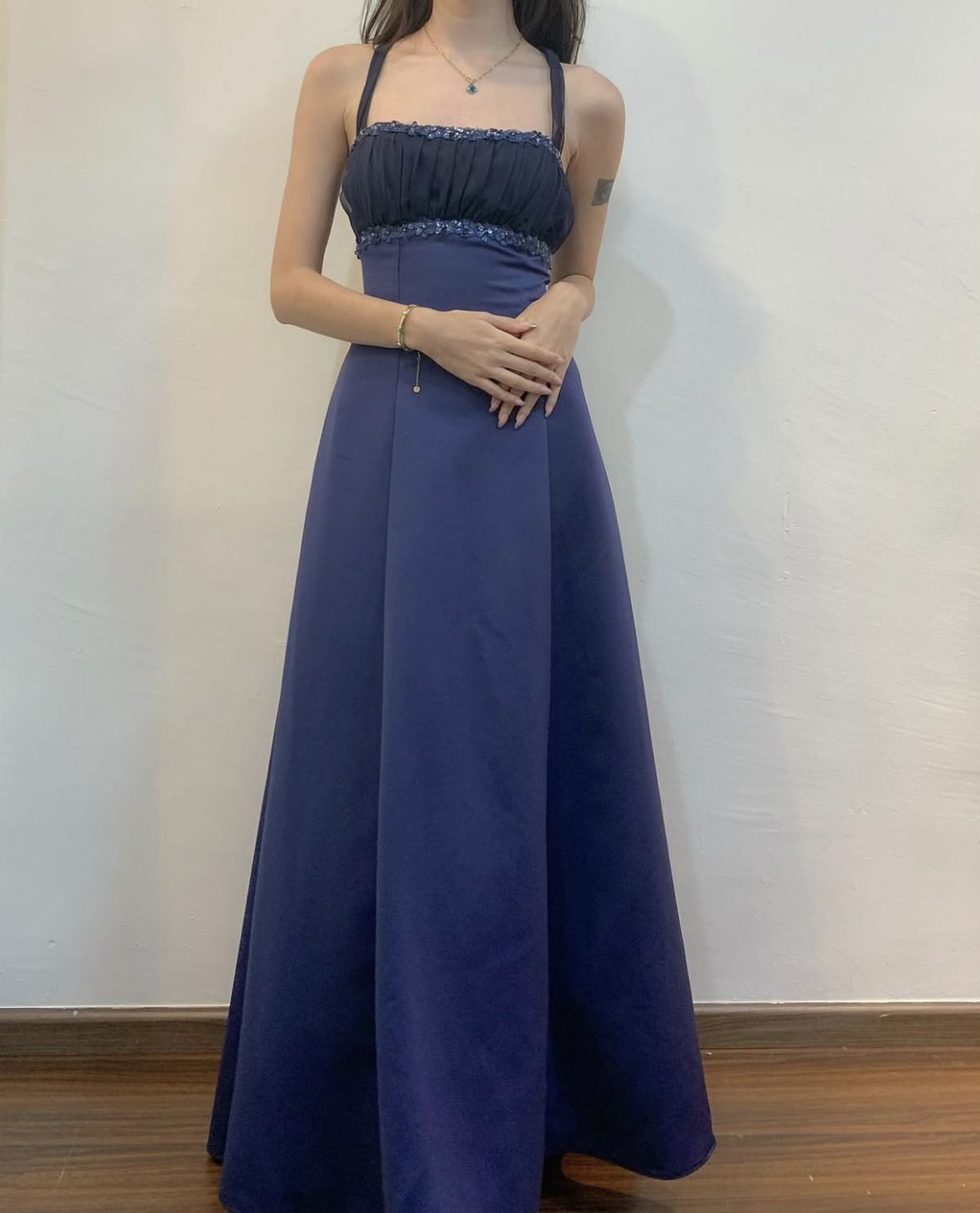 Elegant Navy Blue A-Line Halter Neck Satin Long Prom Dress Evening Dress