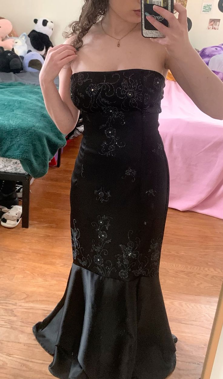Vintage Black Mermaid Strapless Beaded Velvet Long Prom Dress Evening Dress