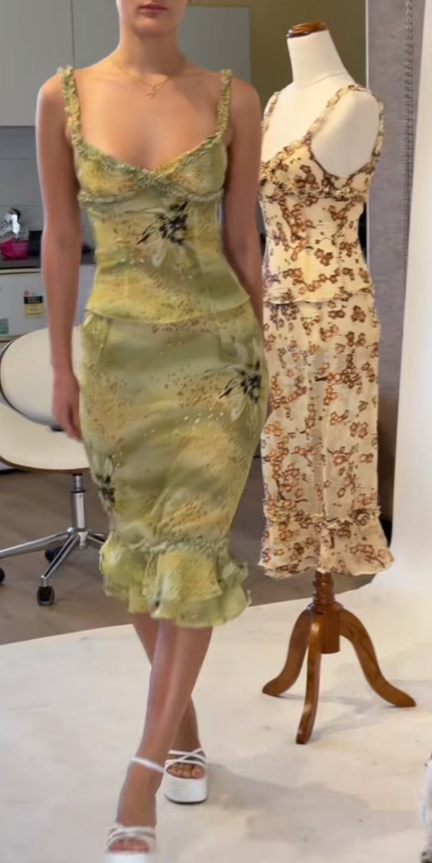 Retro Elegant Yellow Green Printed Ruffled Slim Chiffon Birthday Party Homecoming Dress