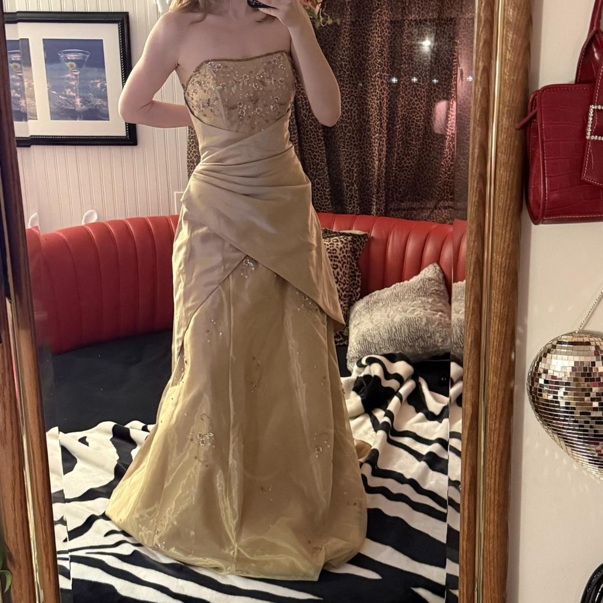 Luxurious Champagne Gold A-Line Strapless Beaded Satin Long Prom Dress Evening Dress