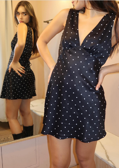Vintage Navy V-neck Polka Dot Waist Satin Birthday Party Homecoming Dress