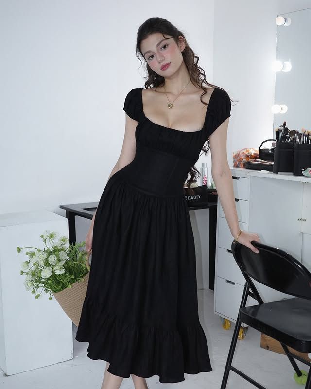 Vintage Elegant Black A-Line Square Neck Linen Cotton Prom Dress Evening Dress