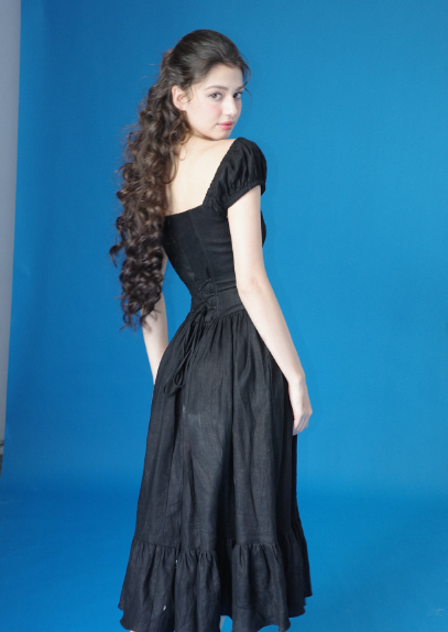 Vintage Elegant Black A-Line Square Neck Linen Cotton Prom Dress Evening Dress