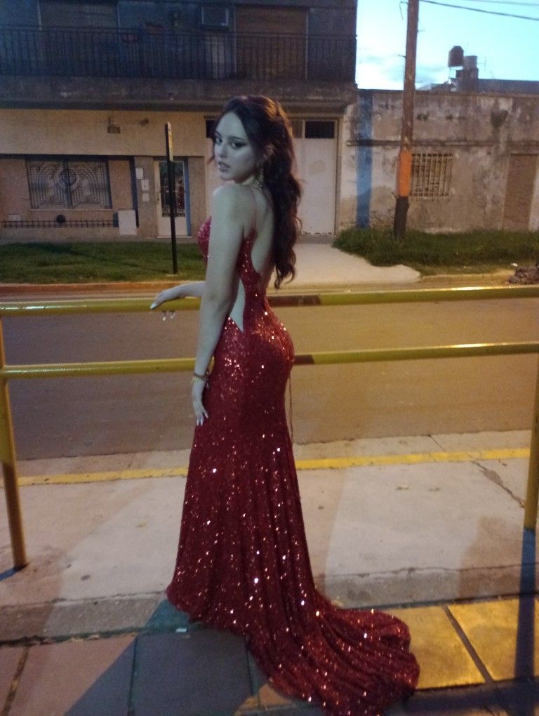 Sexy Red Mermaid Spaghetti Strap V-Neck Backless Sequin Train Prom Dress Evening Dress