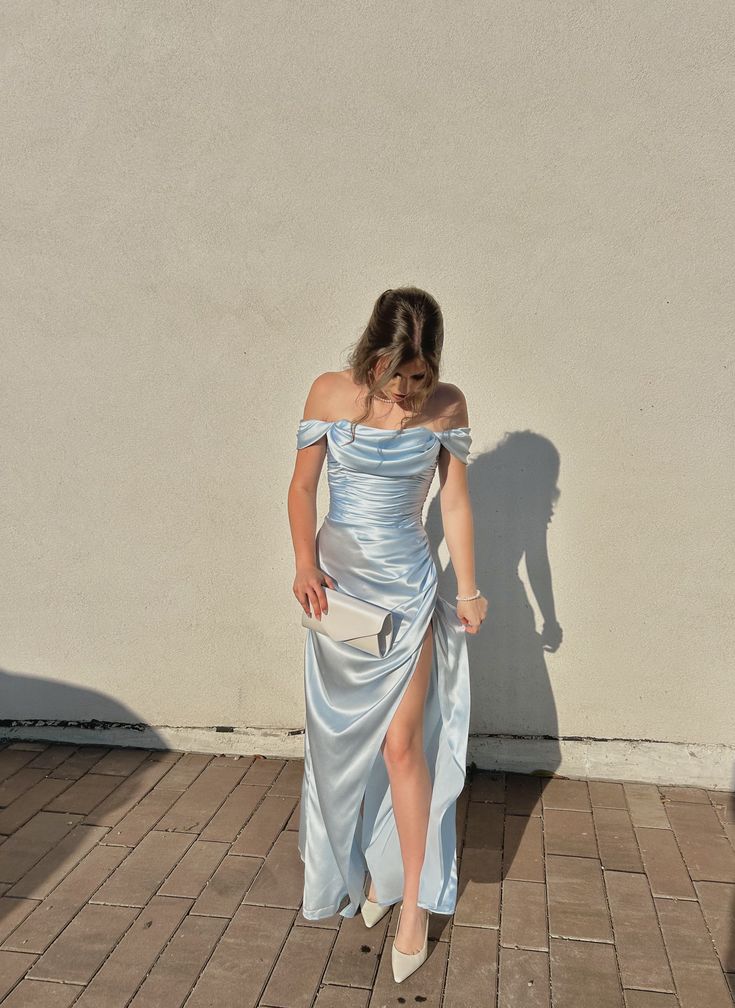 Elegant Ice Blue Off-the-shoulder Strapless Ruffled Split Satin Long Prom Dress Evening Dress