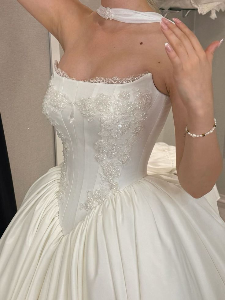 Princess Elegant Ivory Strapless Lace Beaded Satin Wedding Dress