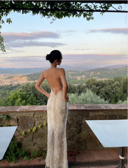 French Elegant Champagne Apricot Mermaid Spaghetti Strap Deep V-Neck Embroidered Lace Long Prom Dress Evening Dress