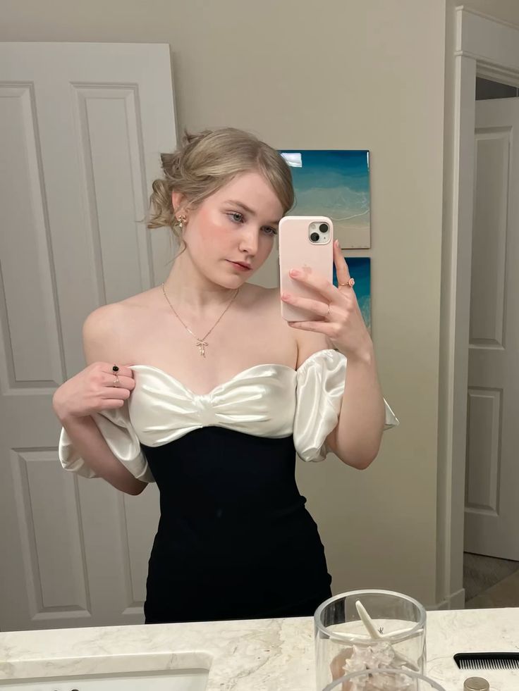 Elegant Black And White Colorblock Puff Short Sleeve Satin Slim Birthday Skirt Homecoming Dress