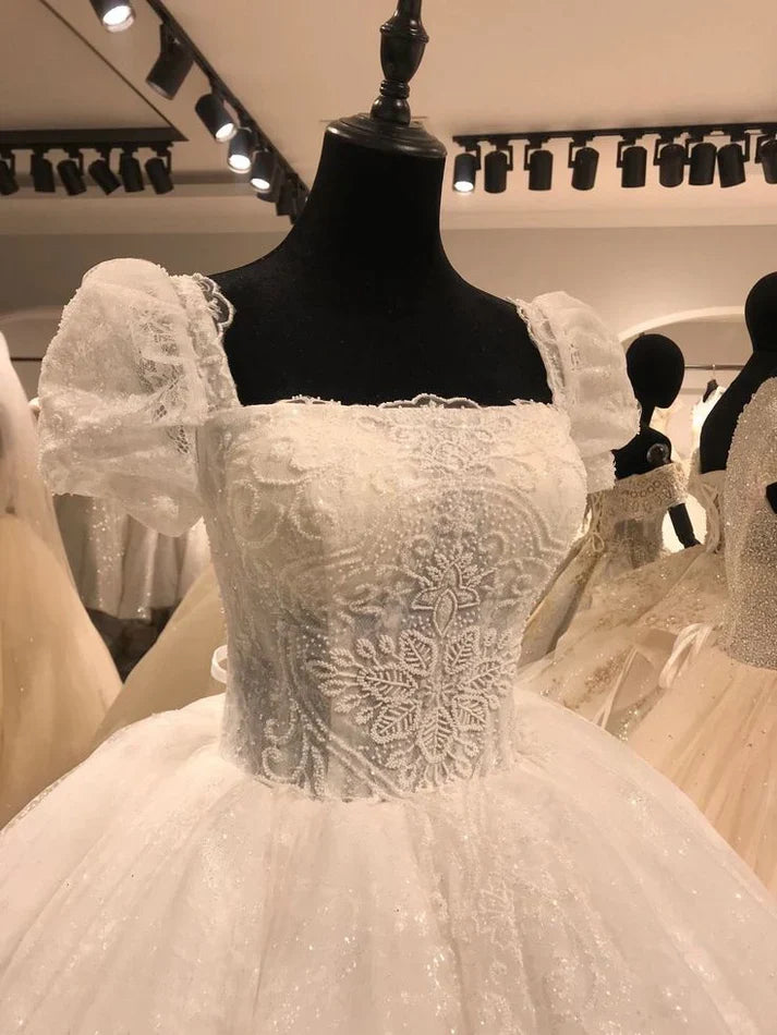 Princess White Square Neck Puff Sleeve Lace Beaded Tulle Tea-Length Wedding Dress