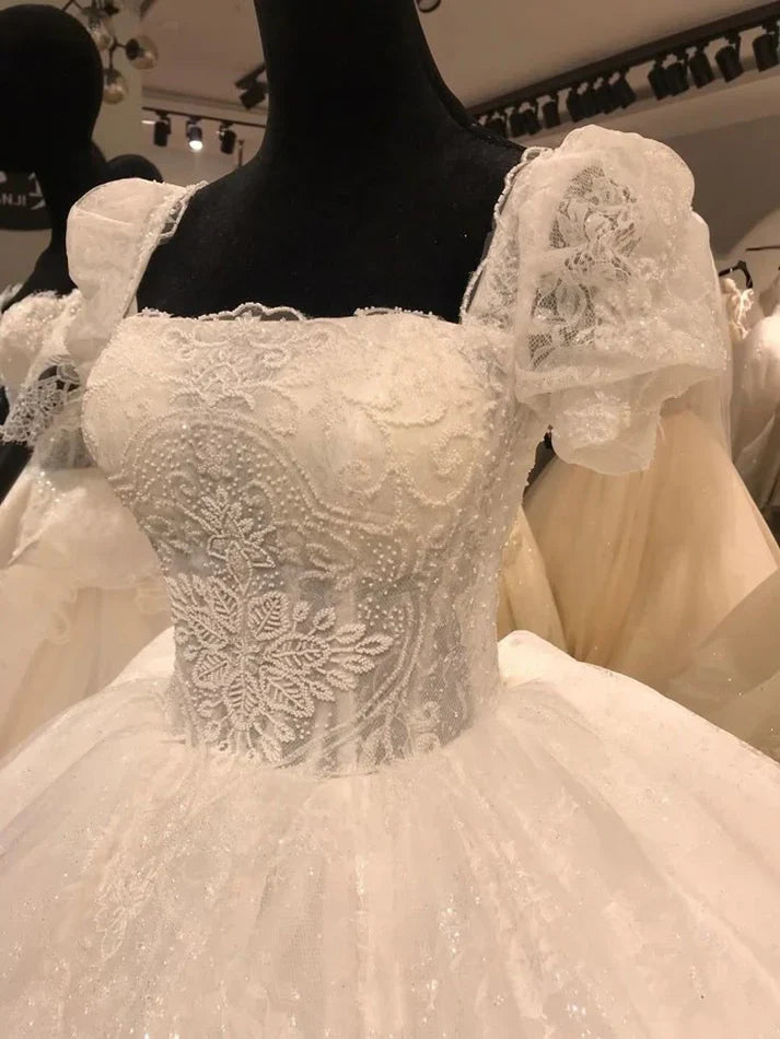 Princess White Square Neck Puff Sleeve Lace Beaded Tulle Tea-Length Wedding Dress