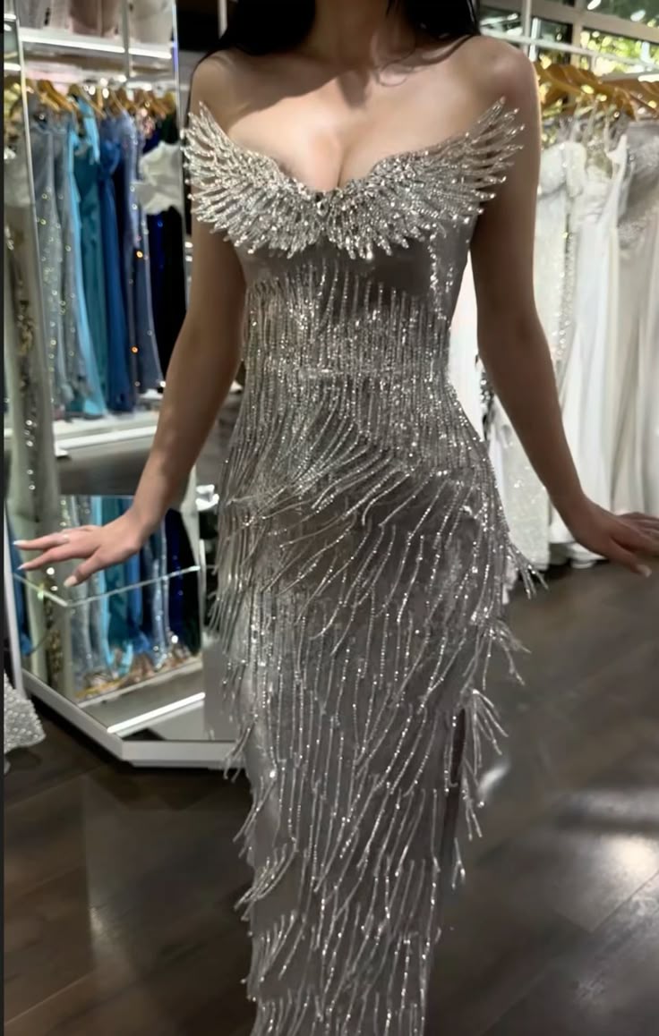 Gorgeous Silver Mermaid Strapless Slit Full Diamond Tassel Long Prom Dress Evening Dress