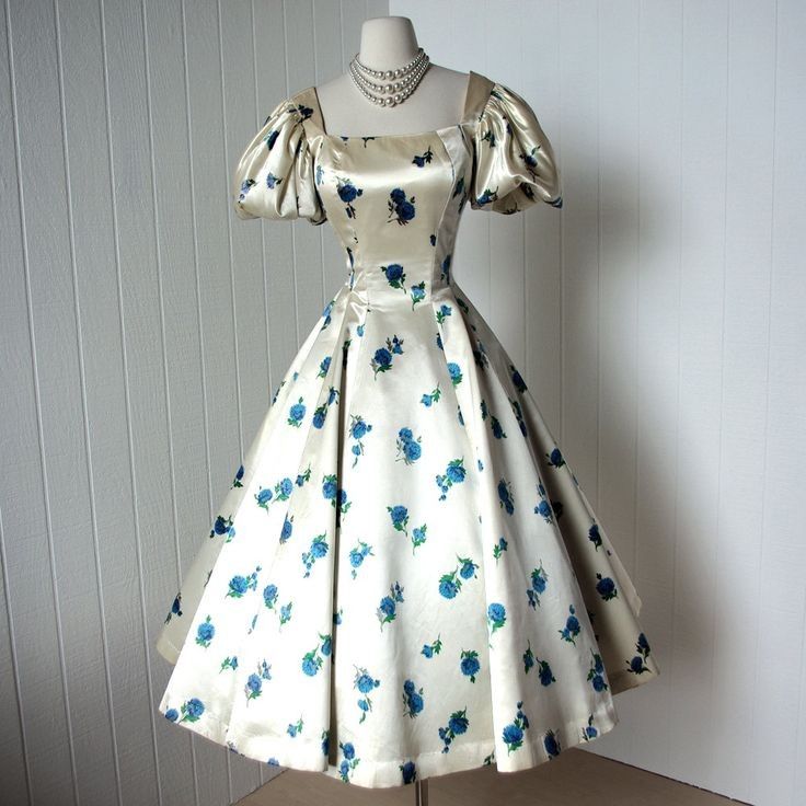 French Vintage Blue Floral A-line Square Neck Puff Sleeve Satin Tea-Length Prom Dress