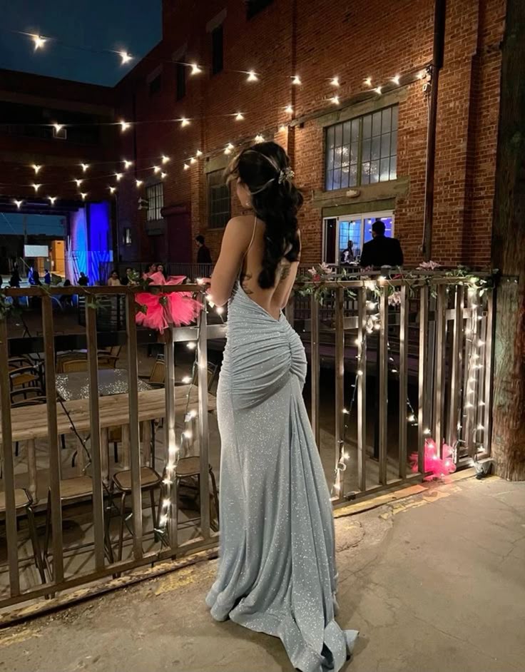 Elegant Light Blue Mermaid Halter V-Neck Ruched Backless Shimmer Satin Train Prom Dress Evening Dress