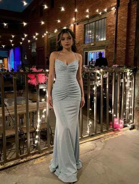Elegant Light Blue Mermaid Halter V-Neck Ruched Backless Shimmer Satin Train Prom Dress Evening Dress