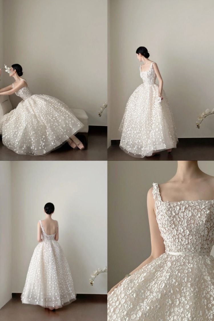 Elegant White A-line Strap Square Neck 3D Flower Tulle Prom Dress Wedding Dress