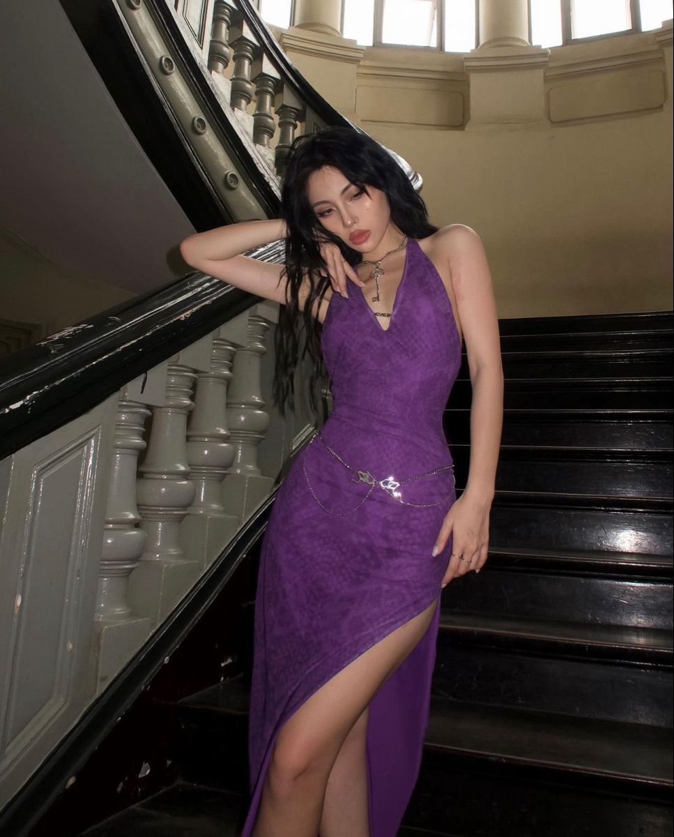 Sexy Deep Purple Halter Deep V-Neck High Slit Backless Tulle Long Prom Dress Evening Dress