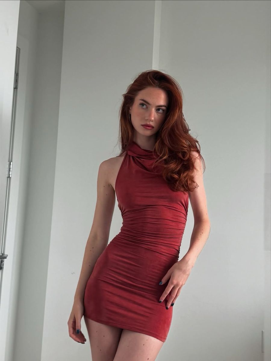 Elegant Brick Red High Collar Open Back Slim Hip Birthday Party Homecoming Dress