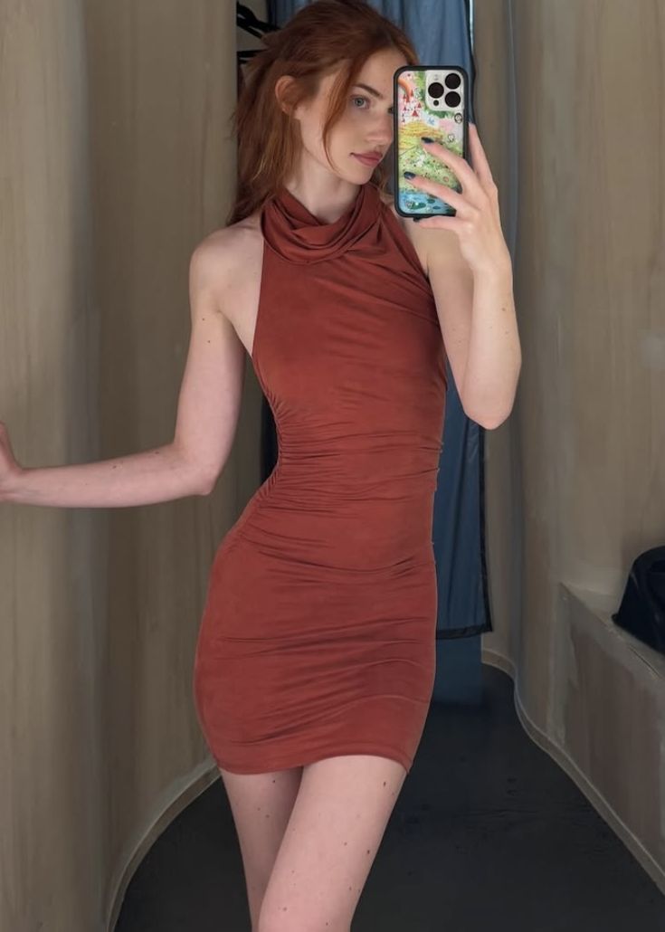 Elegant Brick Red High Collar Open Back Slim Hip Birthday Party Homecoming Dress