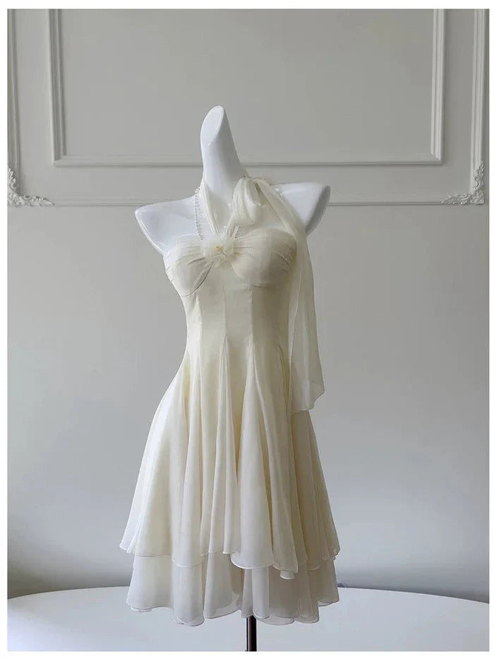 Elegant Ivory Halterneck Floral Ribbon Chiffon Mini 17th Birthday Homecoming Dress