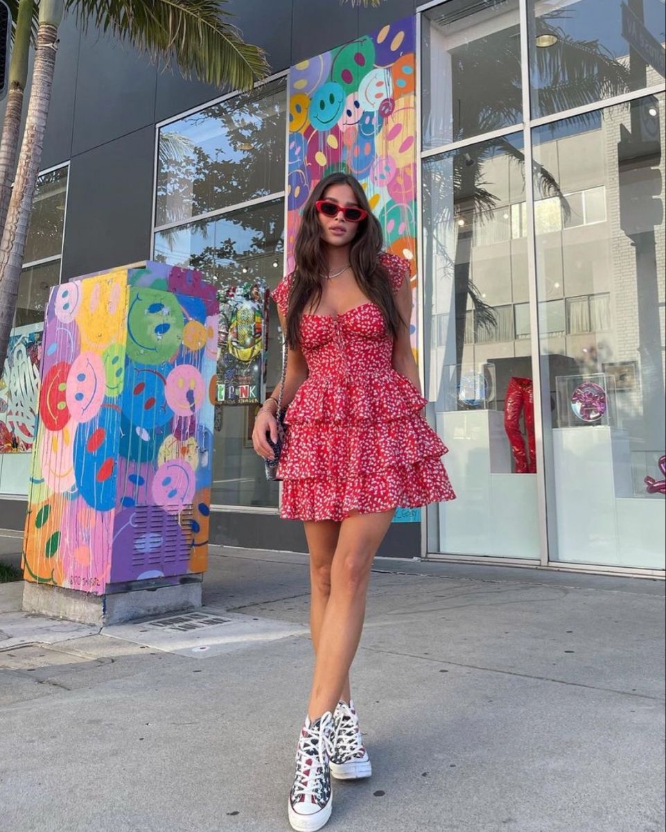 Sweet And Vibrant Red Neckline Tie Short Sleeves Printed Ruffle Waist A-line Chiffon 17th Birthday Homecoming Dress