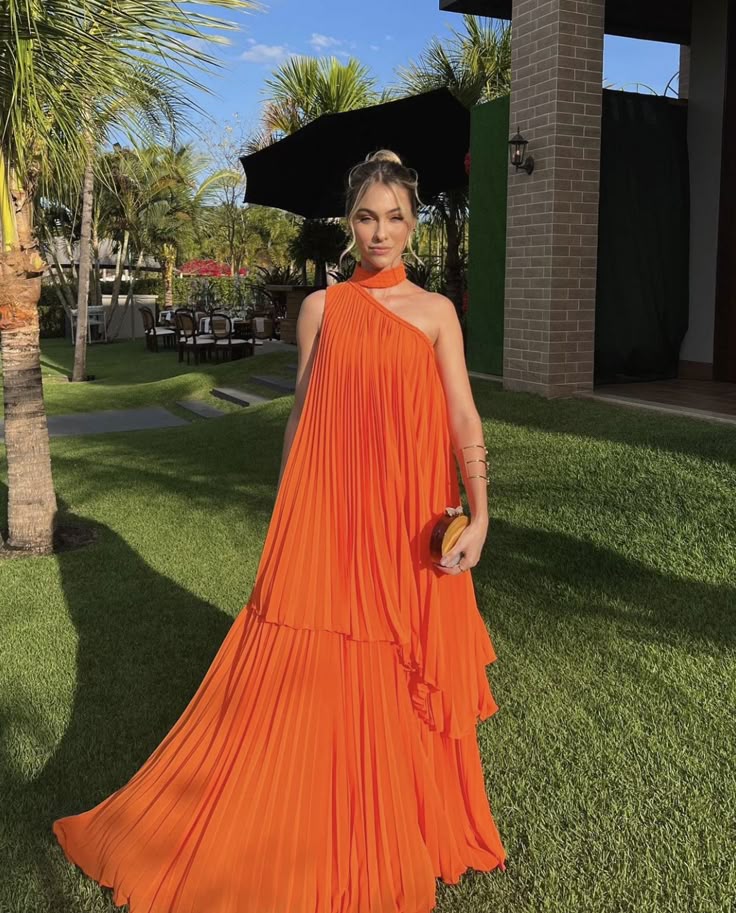 Fashion Bright Orange Irregular Pleated One-shoulder Halter Neck Chiffon Long Prom Dress Evening Dress