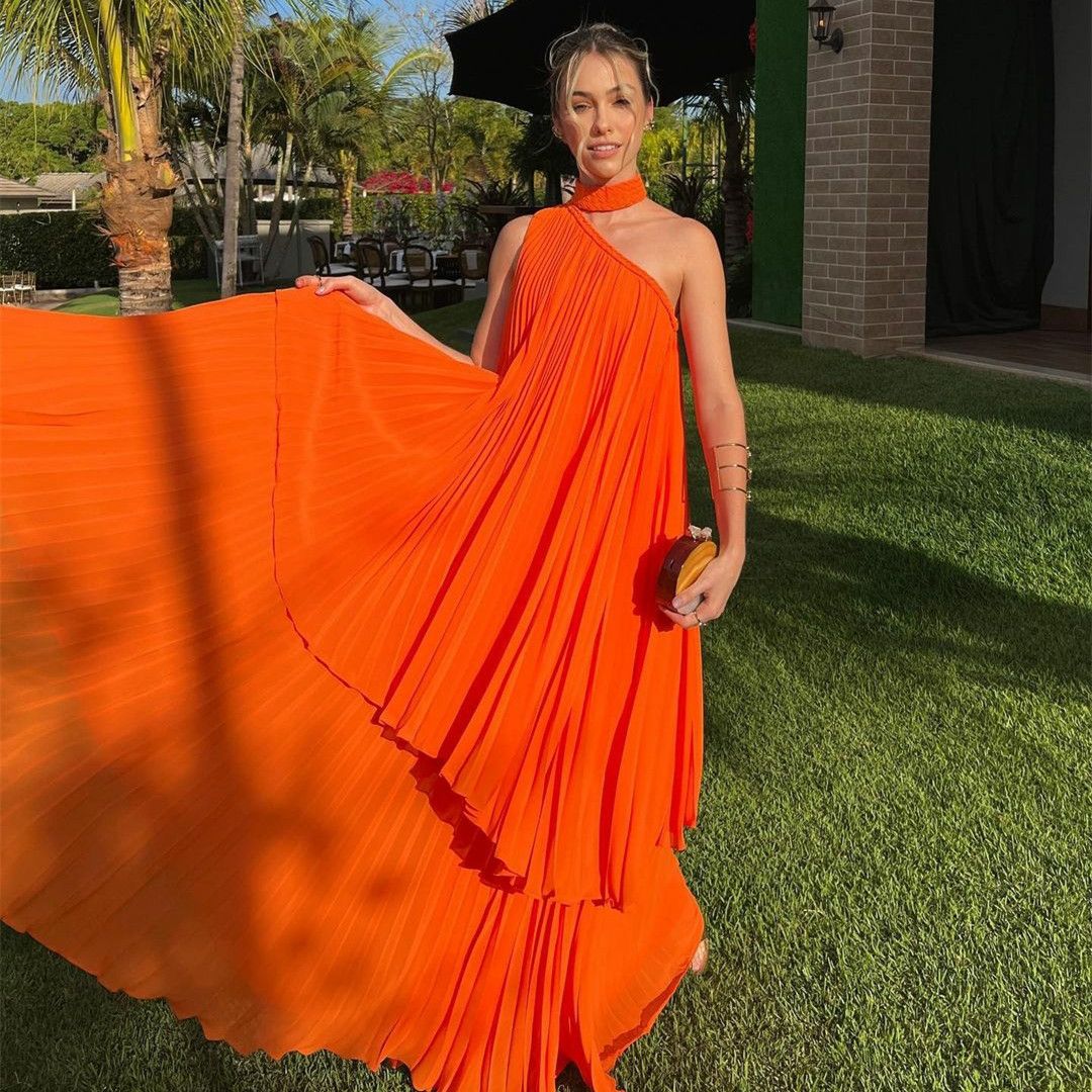 Fashion Bright Orange Irregular Pleated One-shoulder Halter Neck Chiffon Long Prom Dress Evening Dress