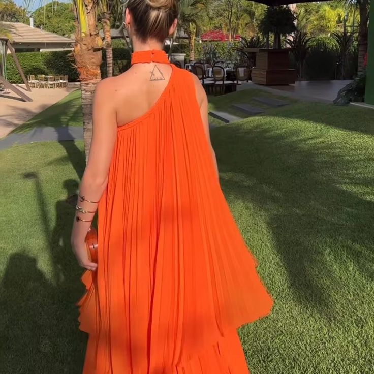 Fashion Bright Orange Irregular Pleated One-shoulder Halter Neck Chiffon Long Prom Dress Evening Dress