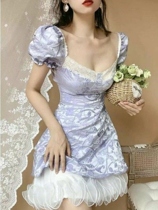 Retro Sweet Lavender Lace Puff Sleeves White Mesh Ruffle Jacquard A-line Short Birthday Dress Homecoming Dress