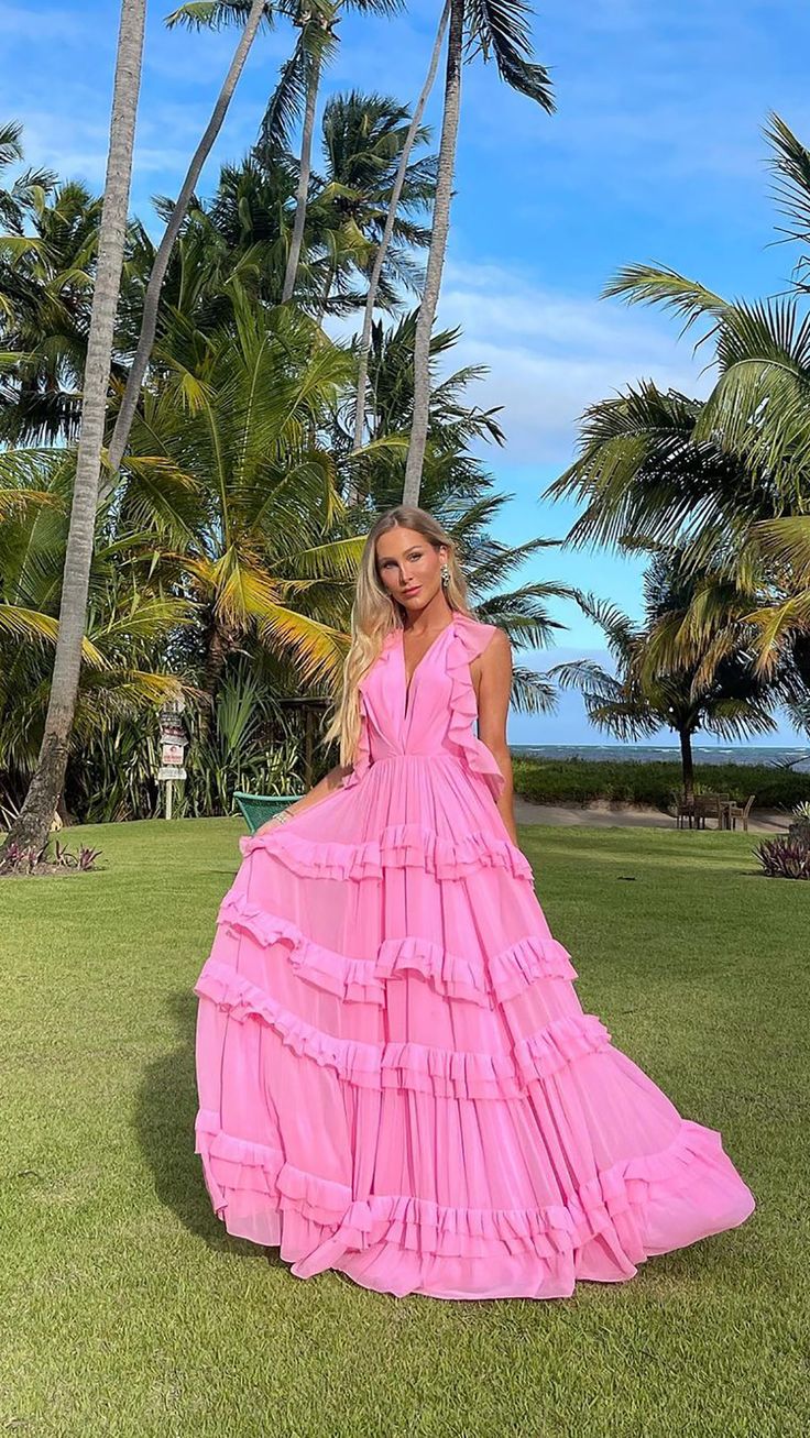 Elegant Pink A-line Tiered Ruffled Deep V Backless Chiffon Long Prom Dress Evening Dress