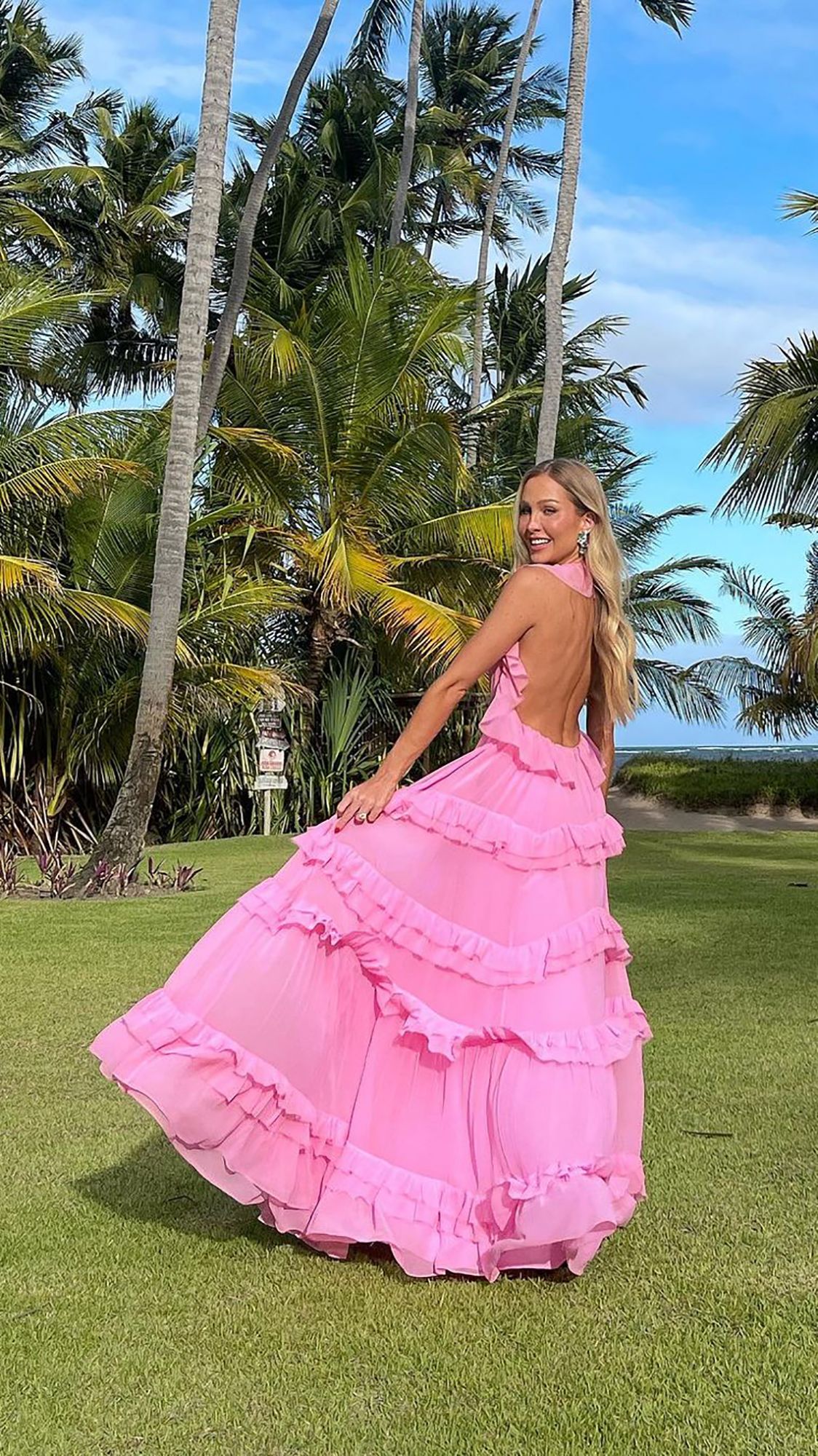 Elegant Pink A-line Tiered Ruffled Deep V Backless Chiffon Long Prom Dress Evening Dress