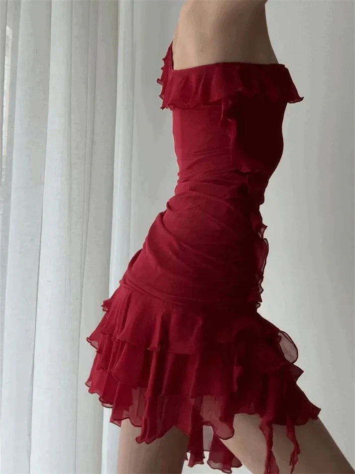 Elegant Black One-shoulder Ruffled Irregular Waist Chiffon Short Birthday Dress Homecoming Dress