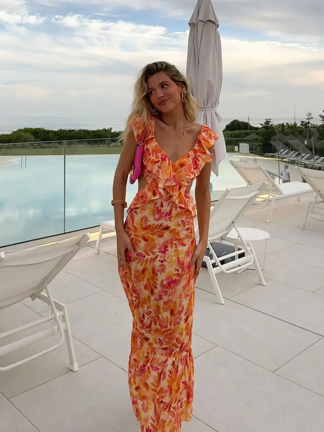 Beautiful Orange-pink Printed Mermaid V-neck Ruffled Backless Long Prom Dress Evening Dress