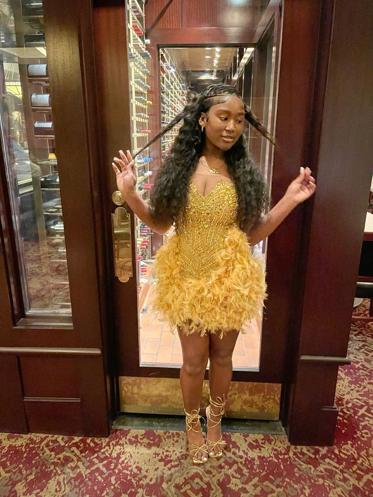 Gorgeous Gold V-Neck Sequin Feather Birthday Party Homecoming Dress