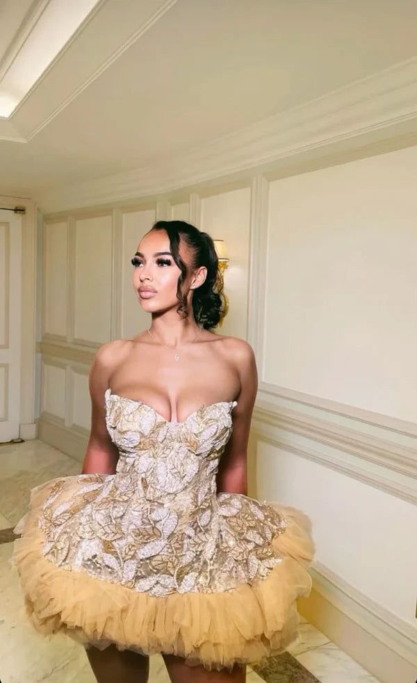 Gorgeous Golden Three-dimensional Floral Leaves Multi-layered Tulle Fluffy Birthday Party Homecoming Dress