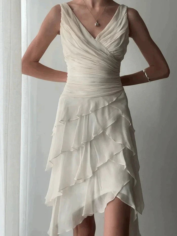 Elegant Ivory V-neck Layered Waist Pleated Irregular Chiffon Ruffle Birthday Party Homecoming Dress