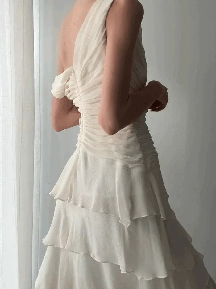 Elegant Ivory V-neck Layered Waist Pleated Irregular Chiffon Ruffle Birthday Party Homecoming Dress