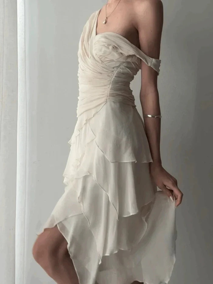 Elegant Ivory V-neck Layered Waist Pleated Irregular Chiffon Ruffle Birthday Party Homecoming Dress